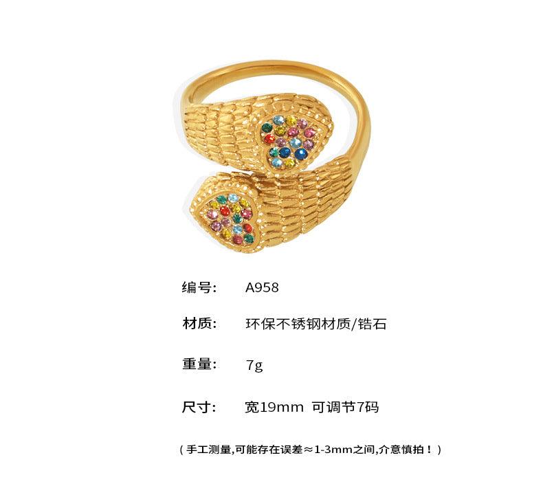 B廠-不鏽鋼蛇紋雙愛心手工鑲嵌彩色鋯石戒指PVD電鍍戒飾「A958」24.11-2