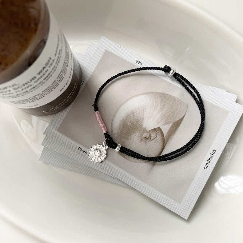 C廠-韓國東大門太陽笑臉花朵手工編織可調節編繩S925純銀手鍊「1538」25.11-2