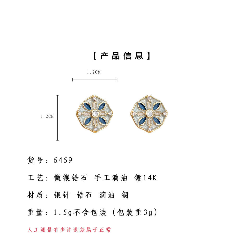 A廠-原創新中式紋樣925銀針琺瑯滴釉圖紋復古耳飾工廠耳釘「6469」25.07-4