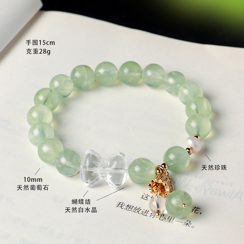 AS廠-天然葡萄石淡水珍珠水晶串珠手鍊女清透甜美白水晶蝴蝶結手串首飾「DL0968」25.07-3