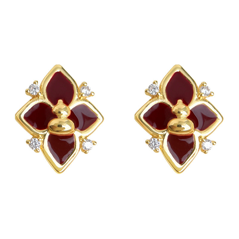 A廠-福祿~葫蘆原創設計925銀針微鑲鋯石琺瑯滴釉酒紅色芒星耳釘耳飾女「6988」25.10-5