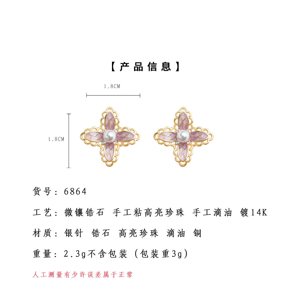 A廠-洛麗塔 原創少女心漸變色925銀針微鑲鋯石彩繪粉色蕾絲花耳釘「6864」25.10-1