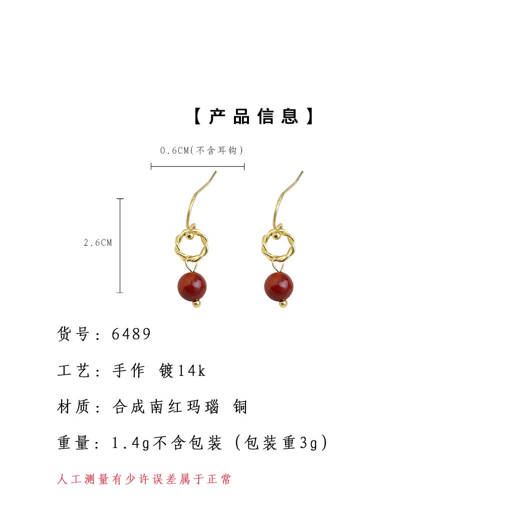 A廠-文藝復古相思紅豆合成南紅瑪瑙小巧簡約時尚通勤手工耳飾耳環「6489」25.08-1
