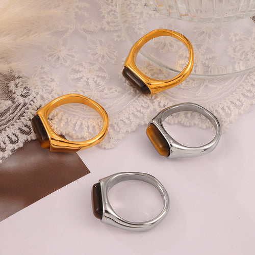 B廠-虎眼石金色復古首飾素圈光面鈦鋼戒指女輕奢小眾設計不掉色食指環「A811」24.04-2