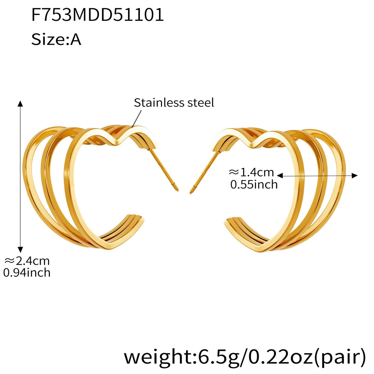 B廠-ins風小眾設計三層愛心形耳環不鏽鋼18k鍍金耳釘不掉色耳飾「F753」25.11-1