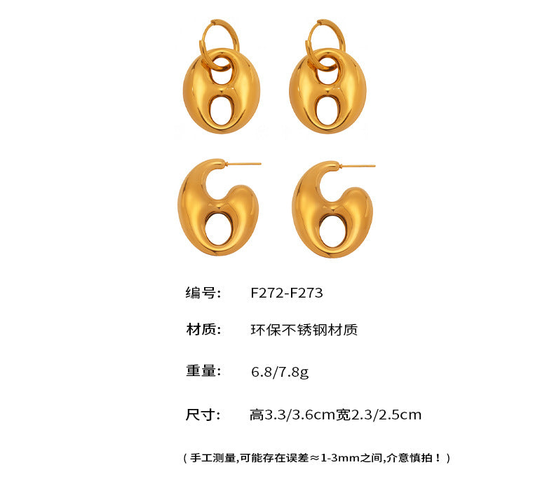 B廠-金屬質感空心咖啡豆拼色耳環不鏽鋼鍍18K真金時尚新款耳飾「F272-F273」25.05-4