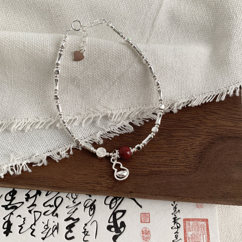 C廠-新中式國風古風宮廷風元寶葫蘆竹節天然和田玉紫金砂朱砂S925手鍊「1600」25.11-2