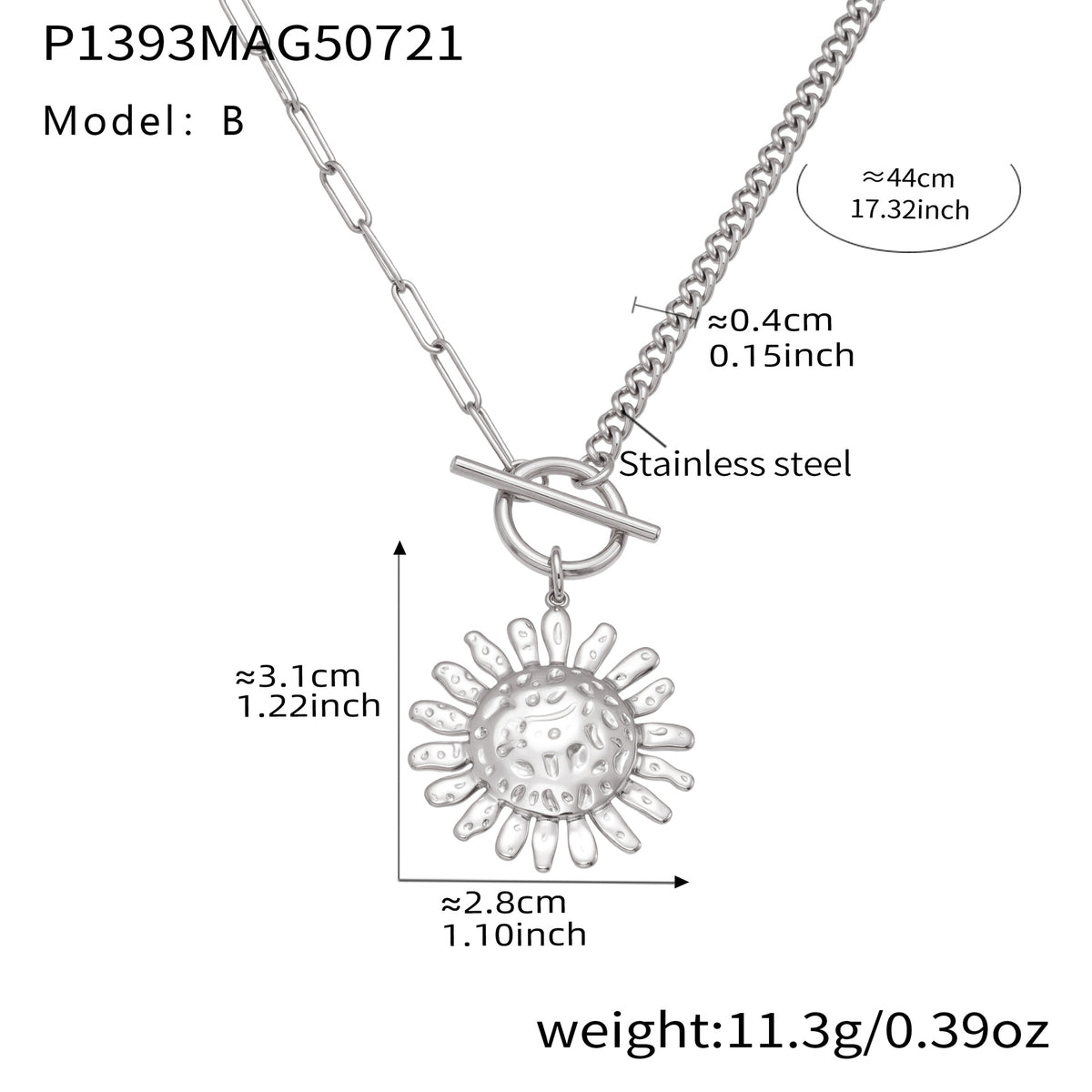 B廠-18k真金不鏽鋼錘紋太陽花OT扣項鍊歐美新款個性設計感飾品「P1393」25.07-4