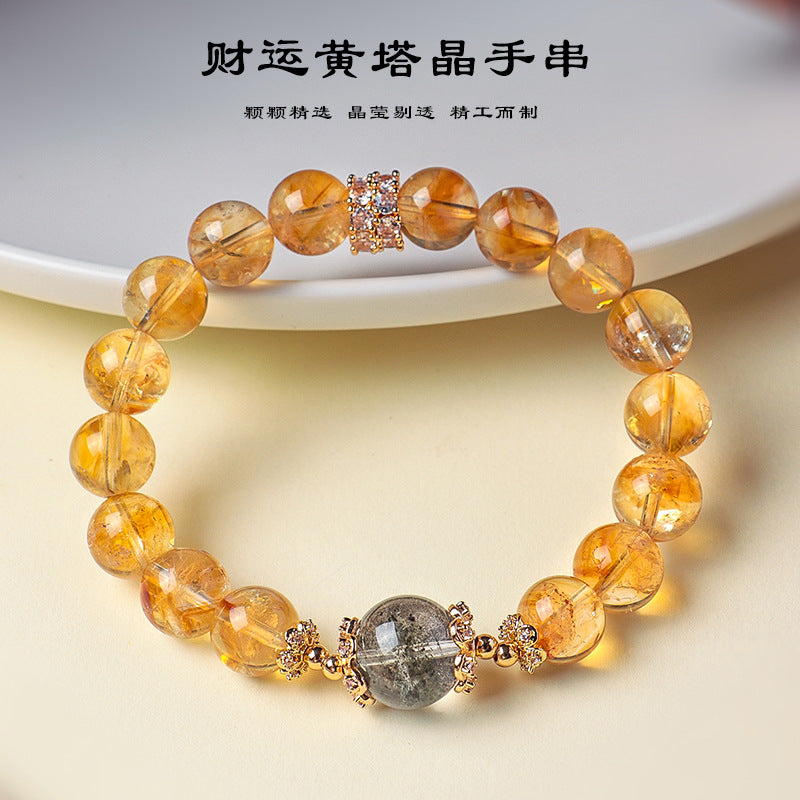 AS廠-天然高品質黃塔晶水晶串珠手鍊女時尚通勤招財綠幽靈水晶手串首飾「SL6477」25.07-3