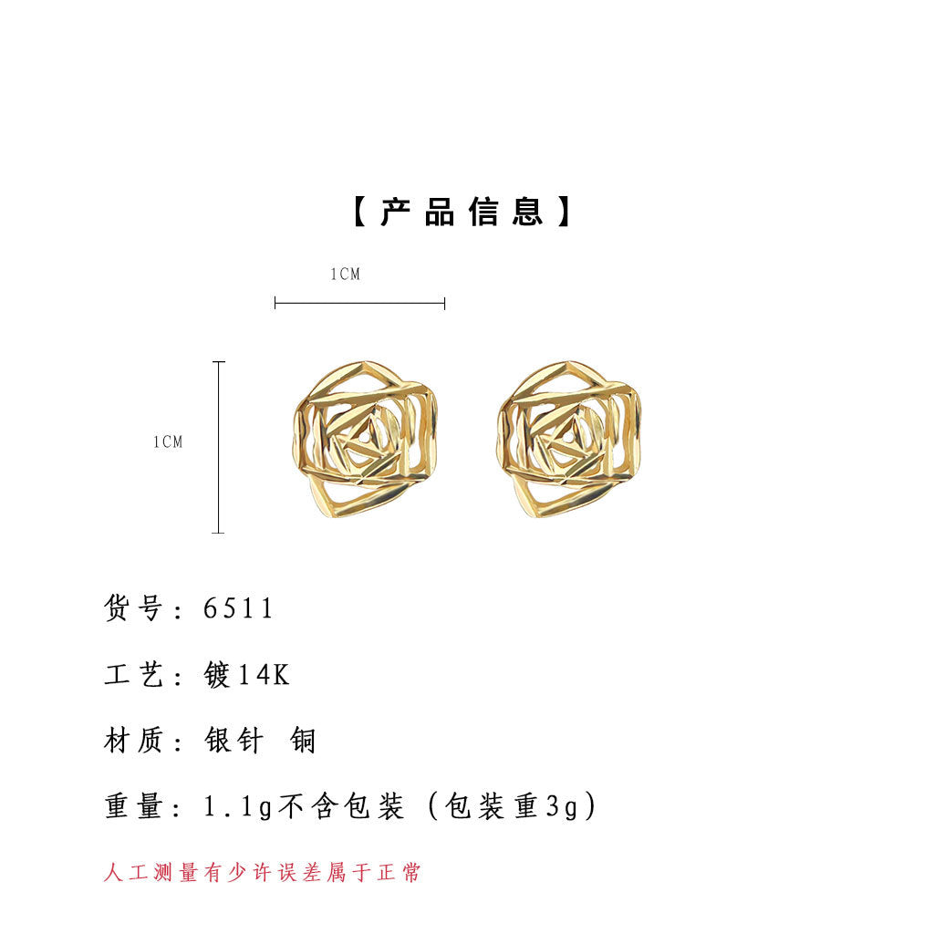 A廠-實物很閃 車花工藝鏤空氣質925銀針鍍14K保色玫瑰花耳環耳飾「6511」25.08-2