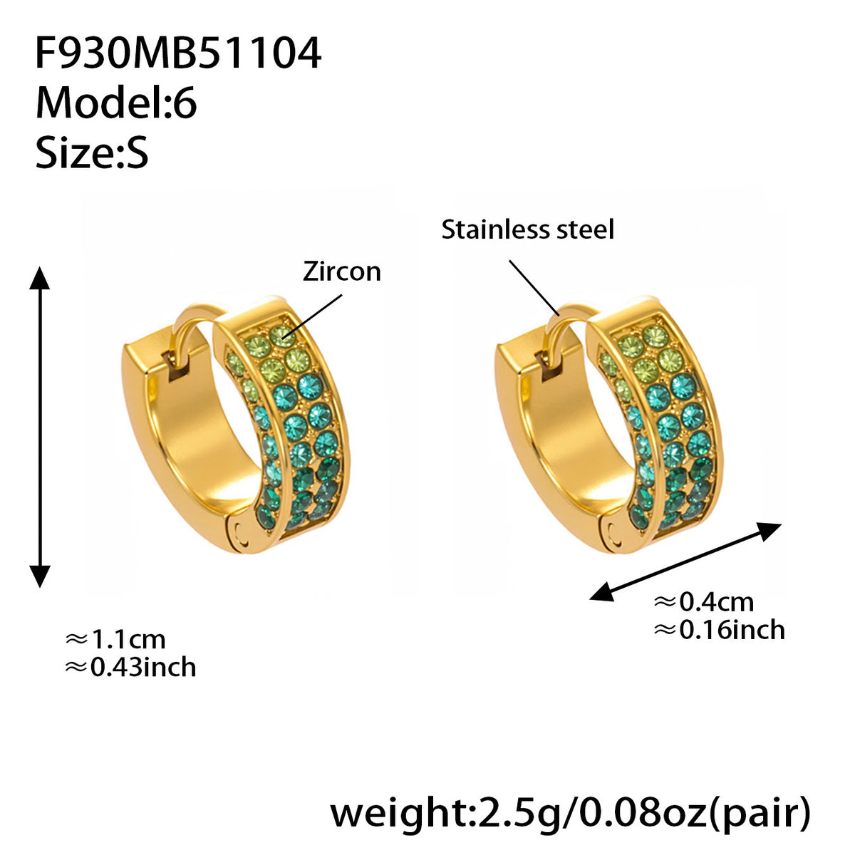 B廠-ins風高質量彩色5A鋯石圓圈卡扣耳環不鏽鋼鍍18k真金耳飾女「F930」25.11-2