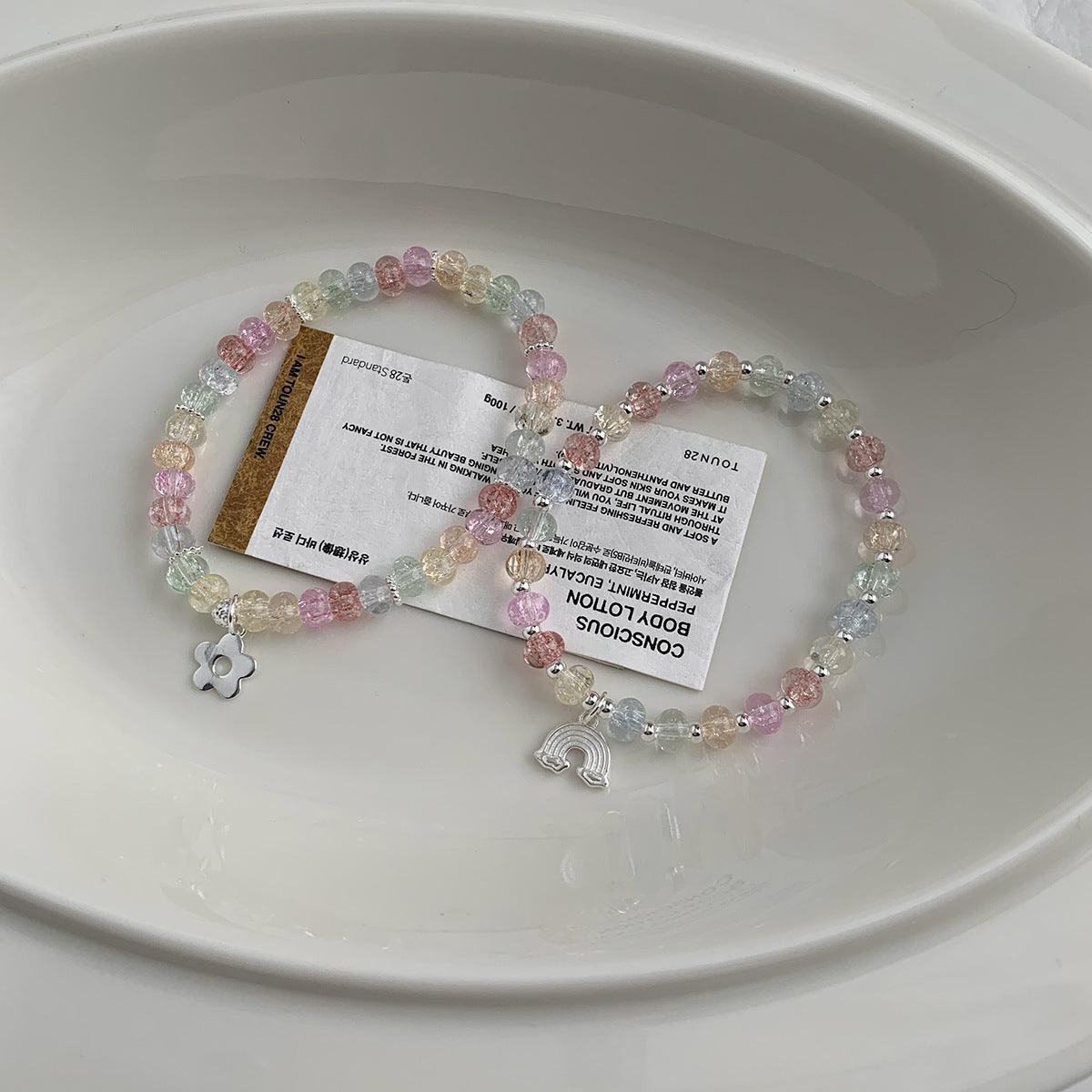 C廠-夏日彩色爆花水晶玻璃珠彩虹花朵純銀吊墜S925純銀手鍊手工手