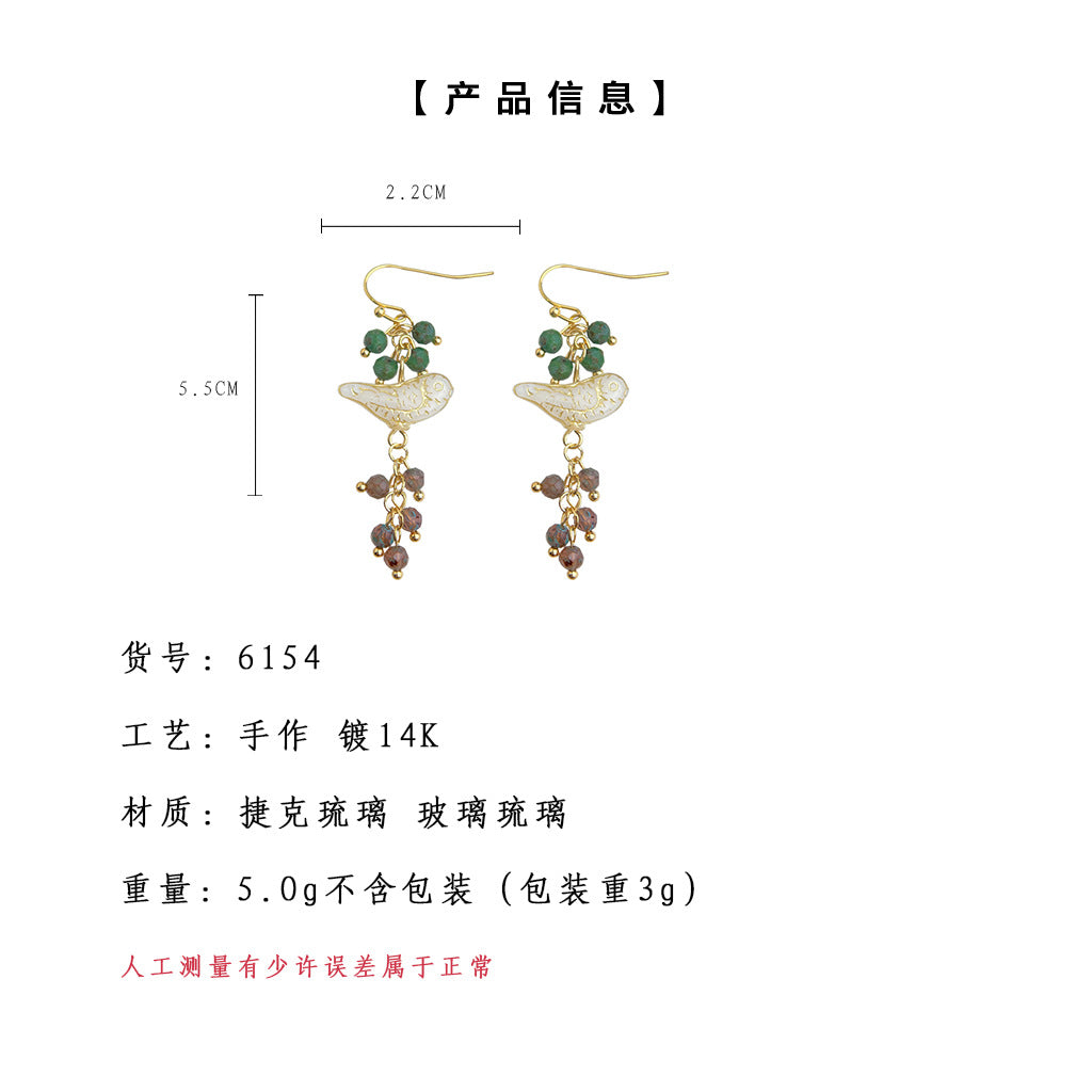 A廠-森系甜美~琉璃手工長款葡萄串飛鳥耳環原創設計氣質工廠新款耳飾「6154」25.06-1