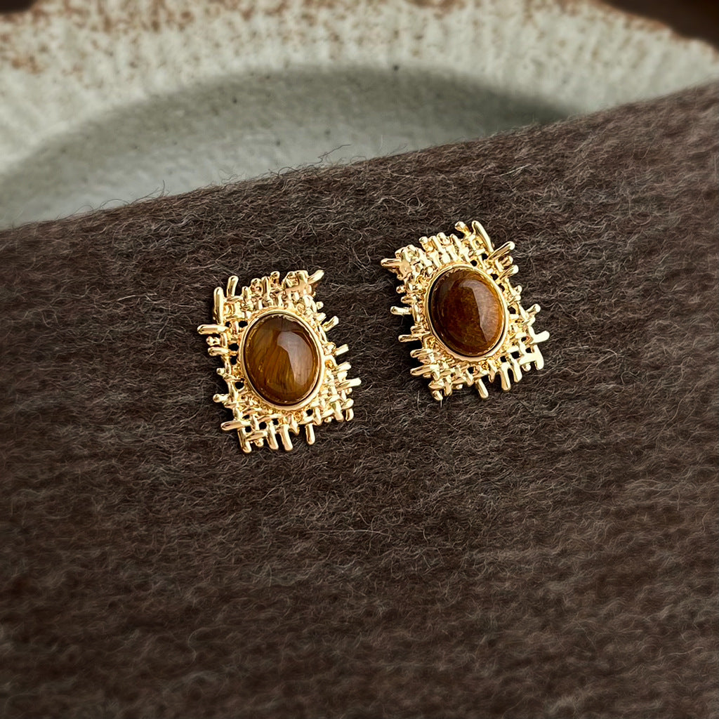 A廠-美拉德風虎眼石天然石設計師款不規則網狀秋冬新款耳飾工廠耳環女「6977」25.10-5