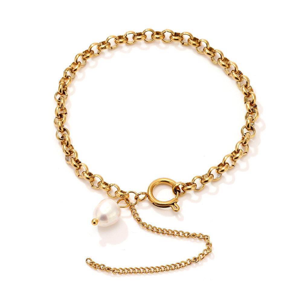 B廠-ins輕奢流蘇鏈條巴洛克淡水珍珠手鍊女不鏽鋼bracelet手飾「E178」25.04-1