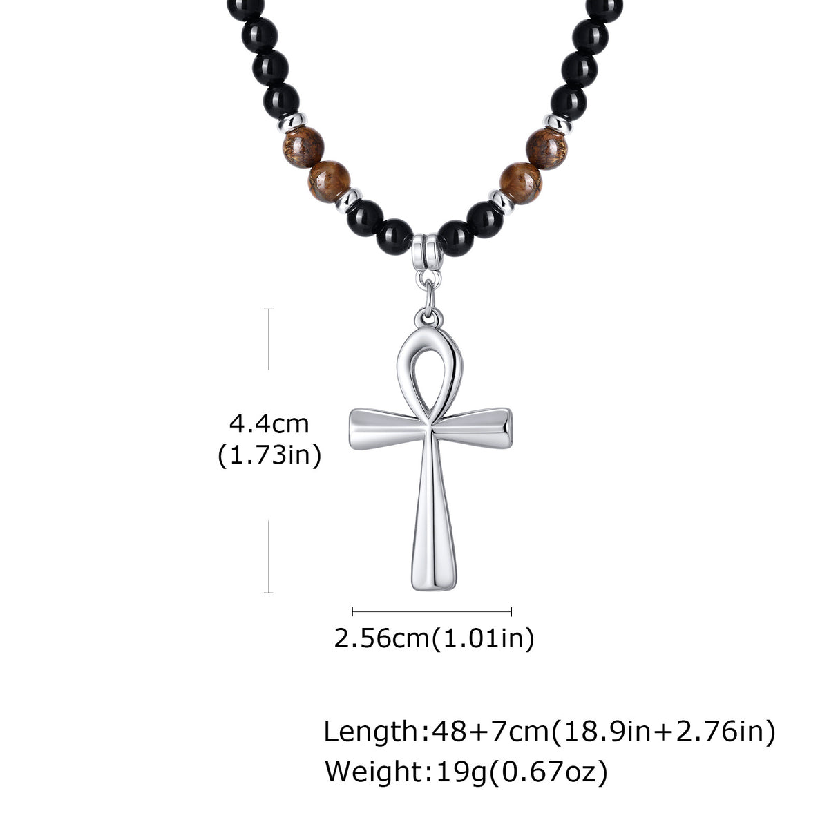 G廠-新款不鏽鋼安卡十字架黑色亞克力圓珠虎眼石串珠項鍊鋼色「NC-1700」25.12-2