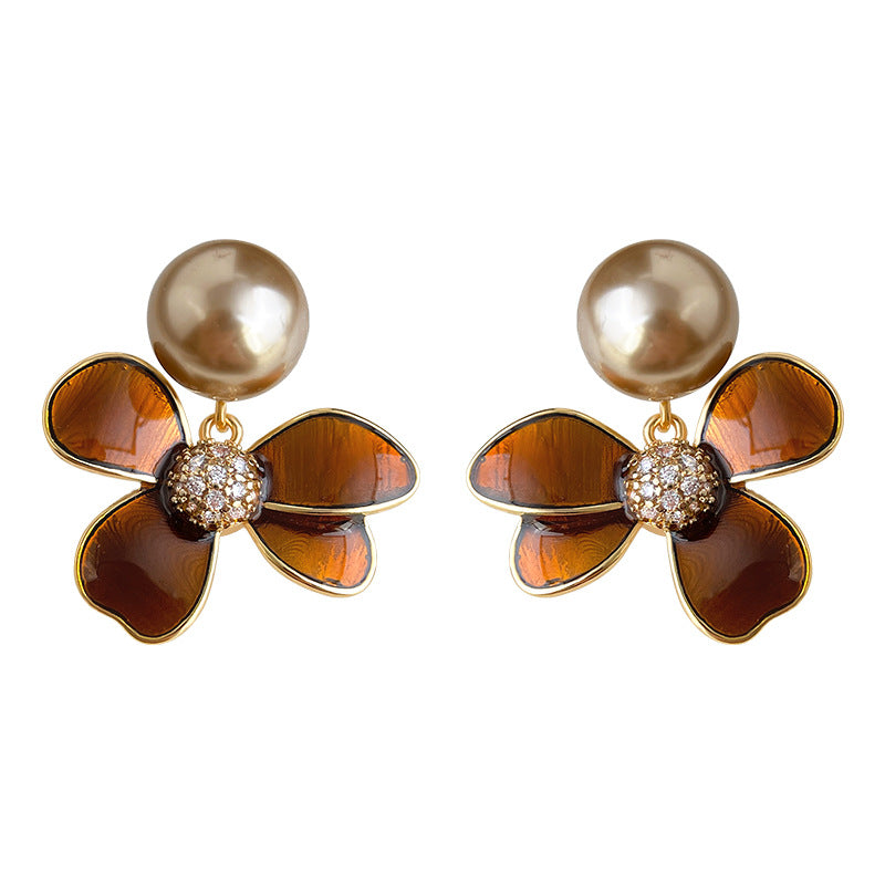 A廠-2025新款爆款文藝復古美拉德風925銀針琺瑯滴釉咖色花朵耳飾 耳環「7105」25.11-3