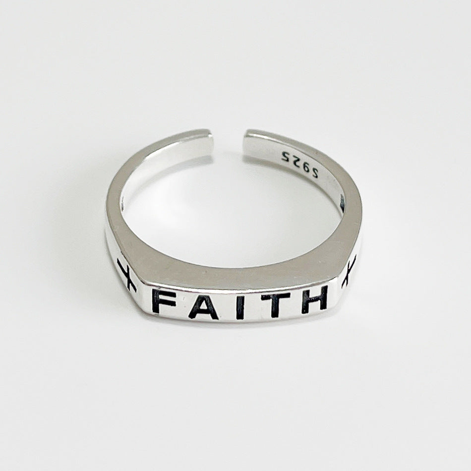 F廠-歐美極簡百搭潮人網紅925純銀FAITH信仰十字架戒指日韓指環食指「J-1083」25.05-5