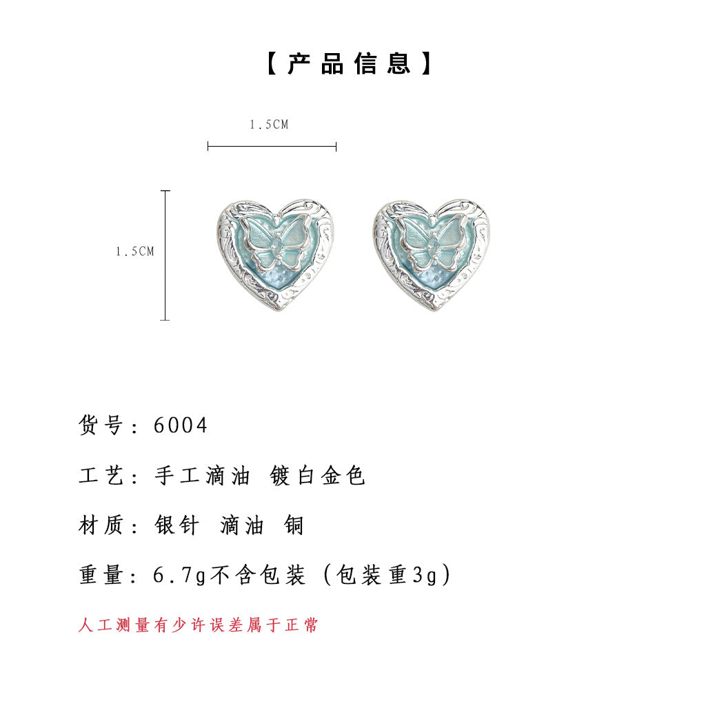 A廠-時尚通勤高級感清新甜美925銀針愛心蝴蝶藍色耳環女 氣質優雅耳環「6004」25.05-2