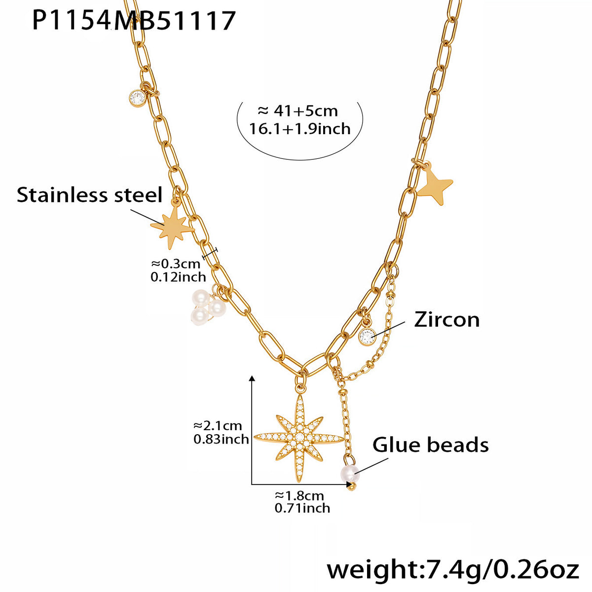 B廠-超閃八芒星5A鋯石吊墜手工鏈鎖骨項鍊不鏽鋼鍍18k真金飾品「P1154」25.11-4