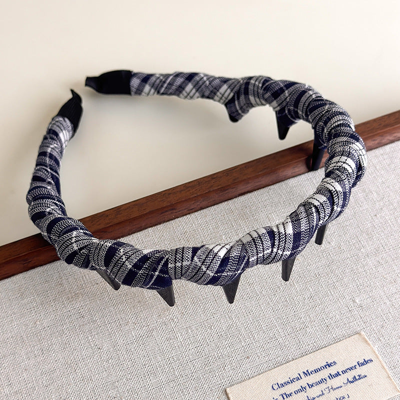 E廠-韓版格紋纏繞髮箍復古格子網紅百搭壓髮波浪帶齒頭箍高顱頂頭飾「27343」25.08-3