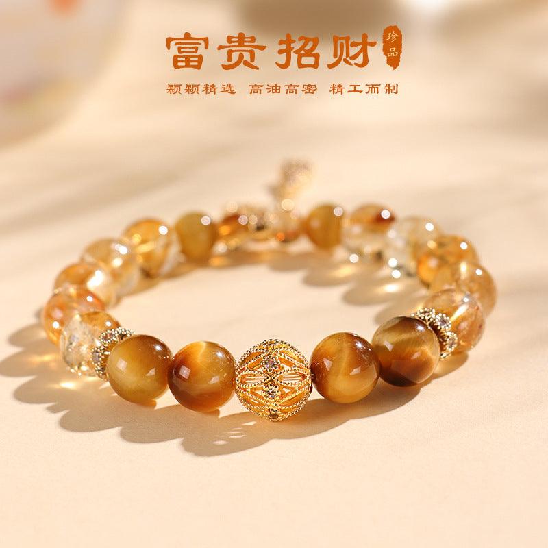 AS廠-天然阿塞黃水晶10mm圓珠手鍊單圈配10mm金虎眼手工編織手串批發「AL891750」25.02-3