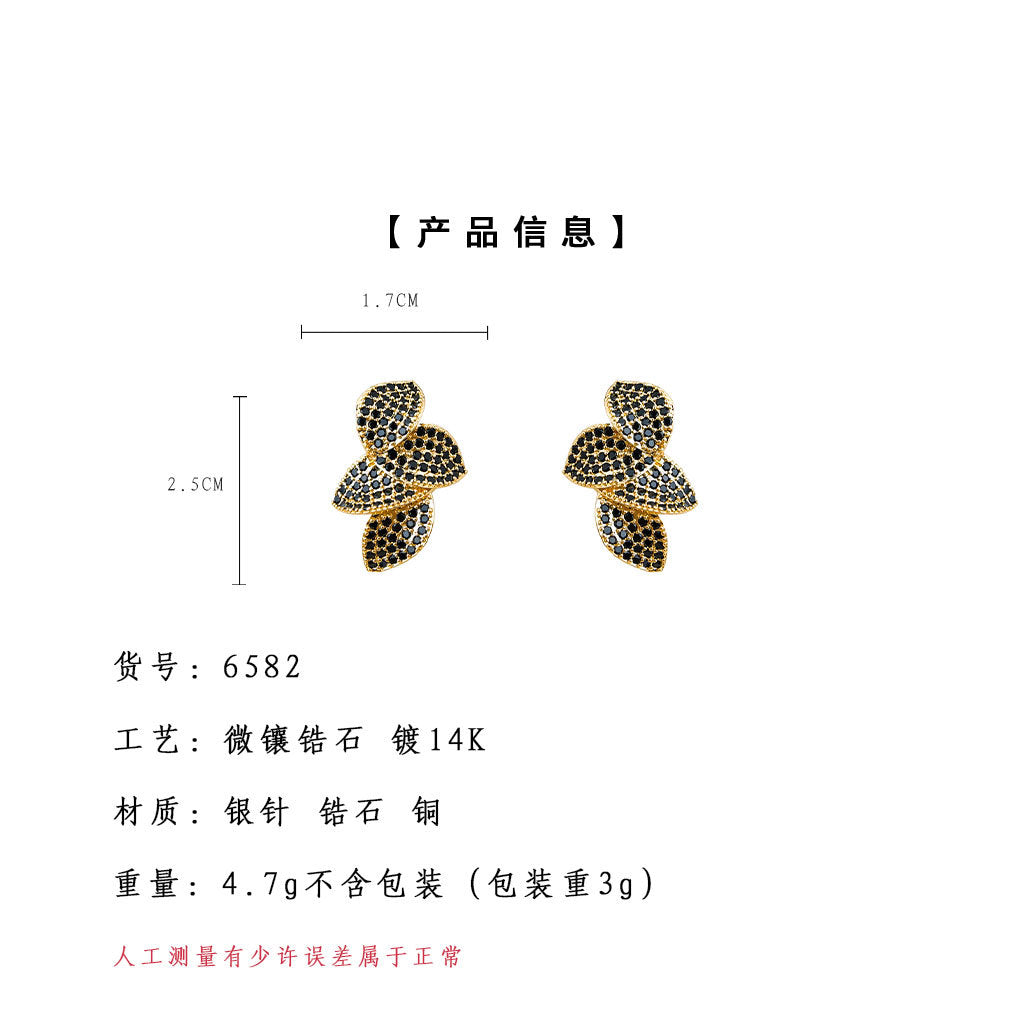 A廠-爆款 微鑲鋯石925銀針鍍14K時尚高級感輕奢風通勤葉子耳飾工廠耳環「6582」25.08-4