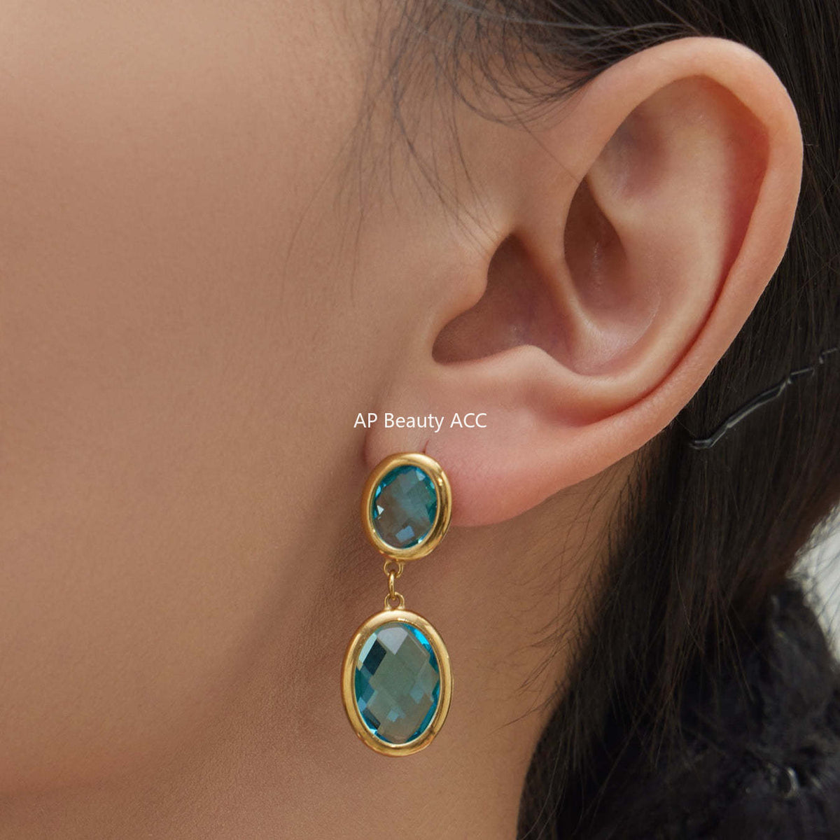 B廠-不鏽鋼幾何橢圓吊墜切面玻璃石耳環ins小眾設計百搭耳飾鍍18k真金「F957」25.12-1