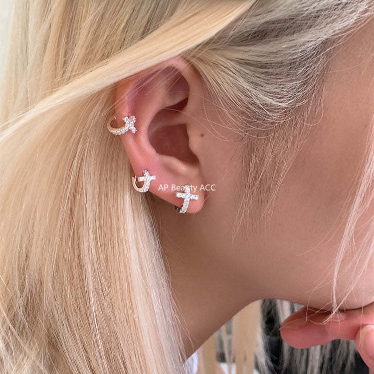 C廠-法式時尚鋯石耳環女輕奢百搭小眾設計十字架銀針耳扣秋冬氣質耳飾「EH-4259」25.11-3