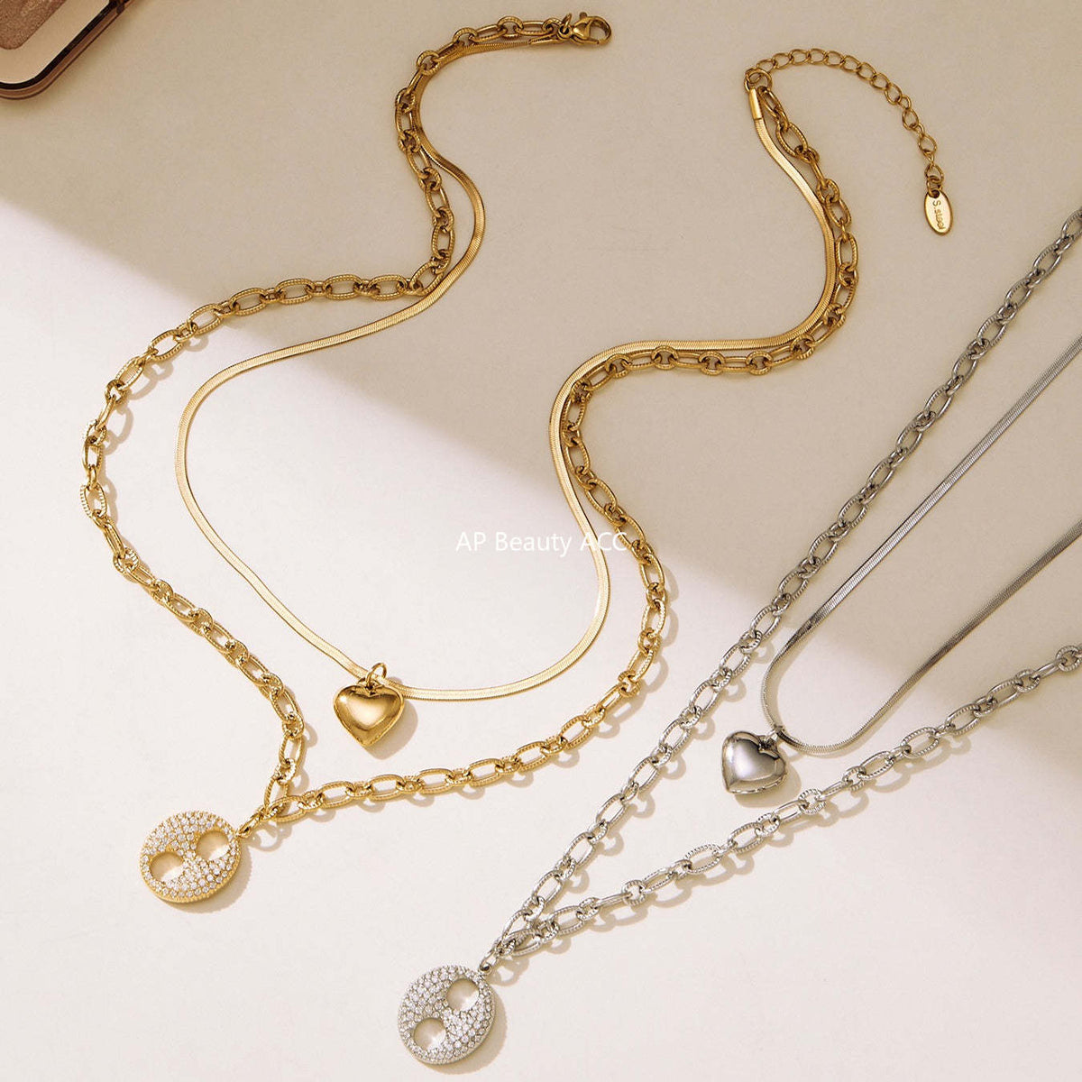 B廠-不鏽鋼雙層疊戴愛心豬鼻子鋯石項鍊 鍍18k金歐美百搭項飾「P100」25.11-3