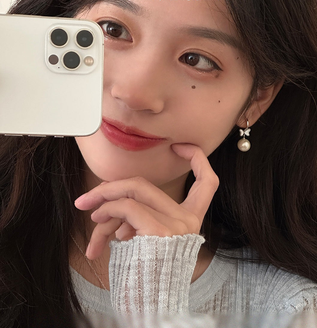 C廠-精緻甜美風貝母蝴蝶結耳夾女高級感氣質珍珠流蘇耳墜時尚輕奢耳飾「EJ-19」25.07-2