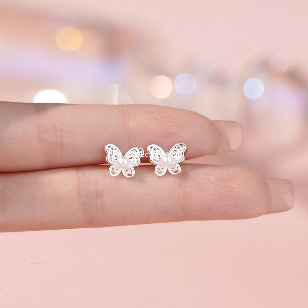 D廠-足銀S999蝴蝶珍珠螺絲耳環精緻韓版個性溫柔森系設計感耳飾「YC6253E_1」25.12-1