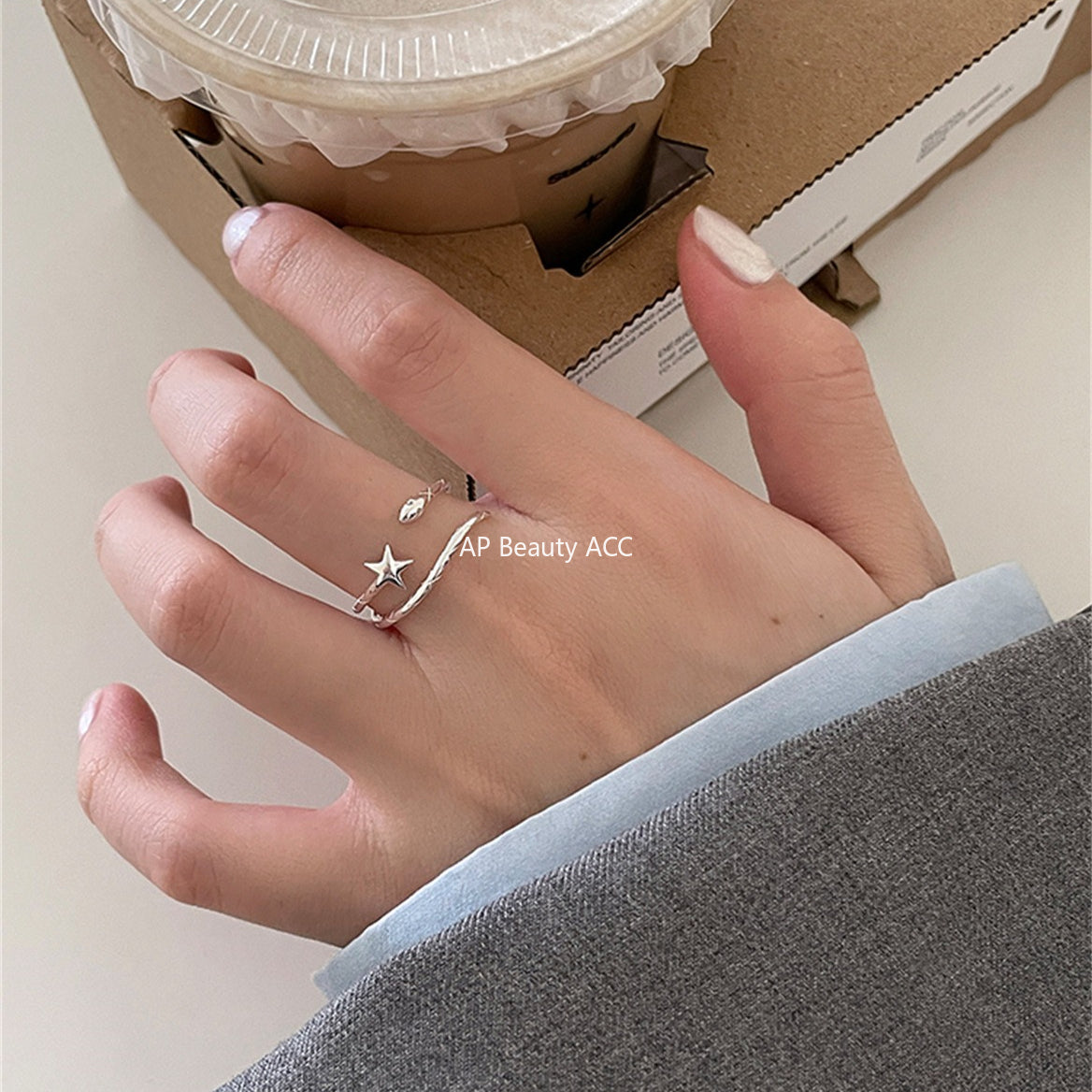 C廠-韓版簡約小巧可愛星星純銀戒指女輕奢高級感形狀蛇形食指戒新指環「JZ-0718」25.10-3