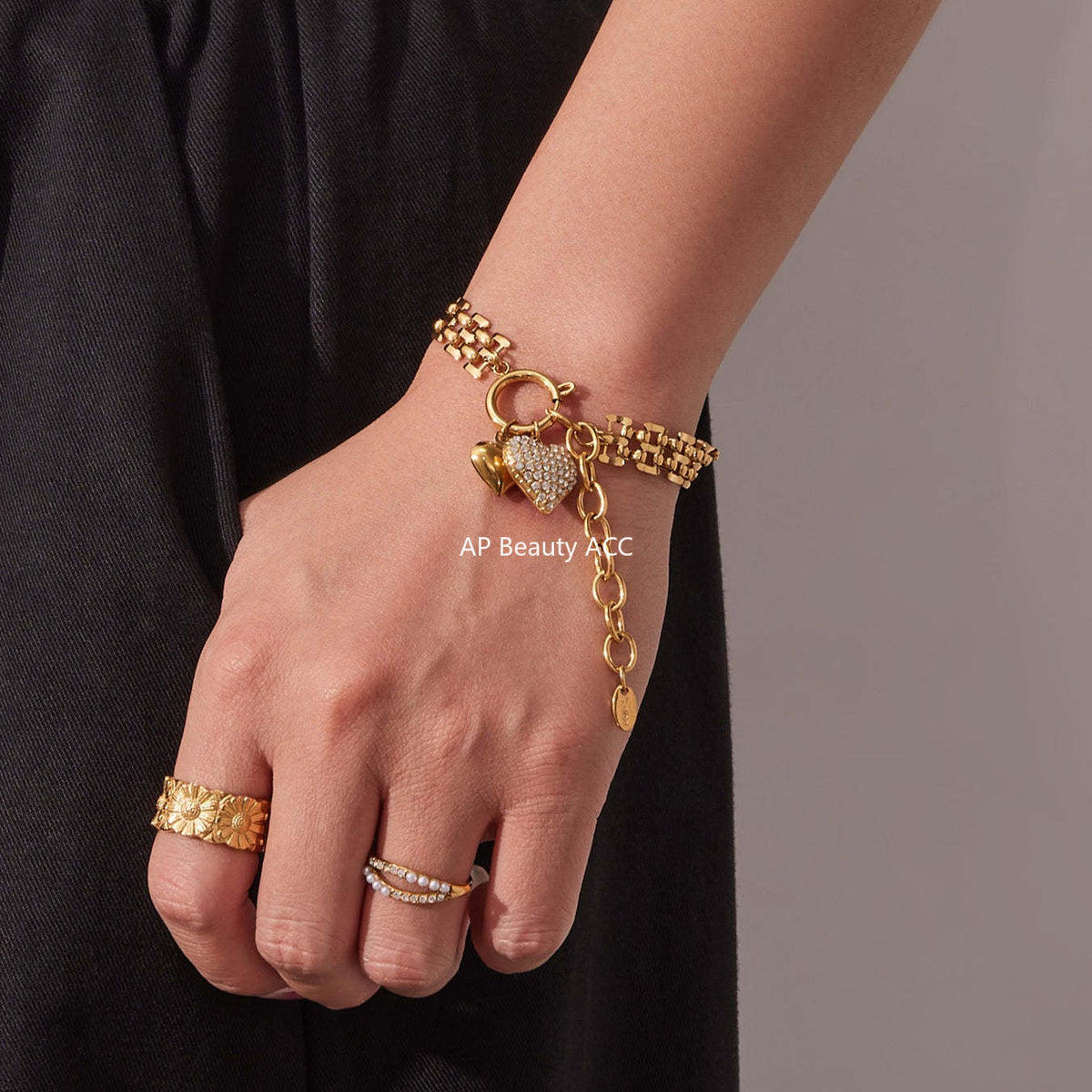 B廠-新款錶帶鏈彈工扣滿鑽鋯石愛心吊墜項鍊手鍊套裝不鏽鋼材質「TXP476」25.11-3