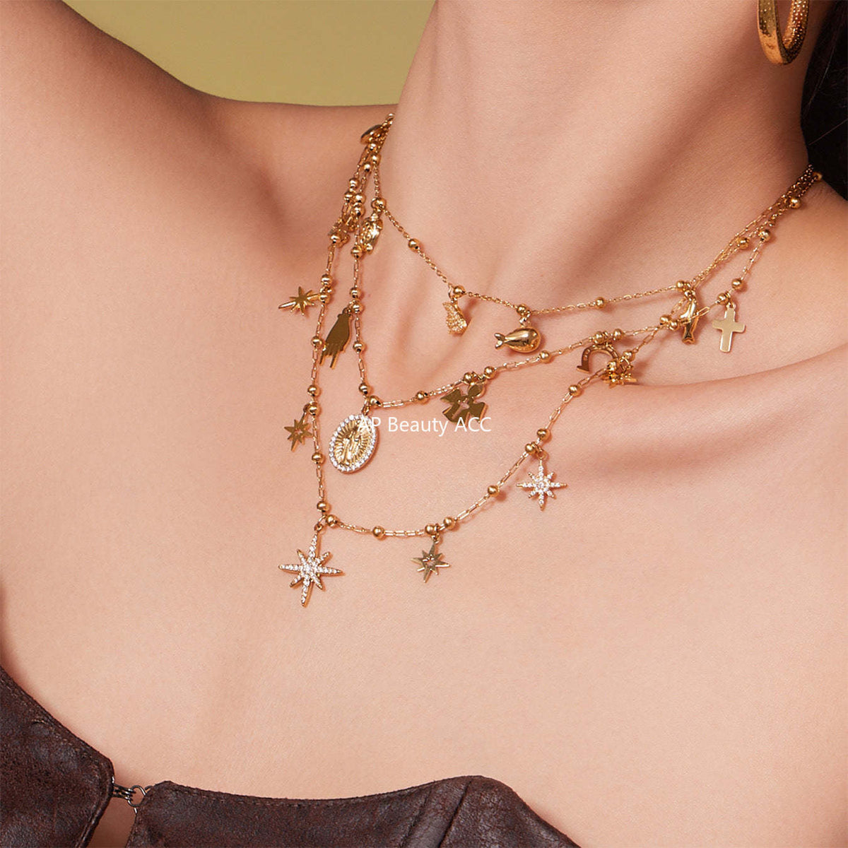 B廠-不鏽鋼DIY多配件鑲嵌鋯石吊墜十字夾珠項鍊鍍18k真金跨境時尚飾品「P732」25.11-4