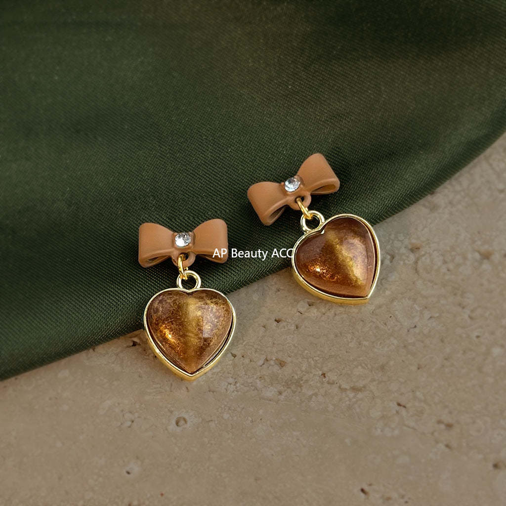 A廠-秋冬熱賣美拉德風咖色大地色蝴蝶結愛心銀針耳環新款耳飾批發「7018」25.11-1