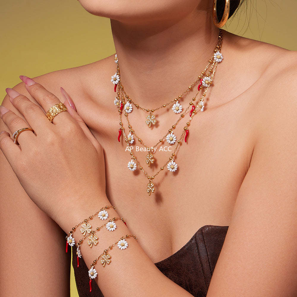 B廠-5A鋯石幸運草法國小雛菊多吊墜項鍊手鍊套裝不鏽鋼珠寶首飾「TXP483」25.11-4