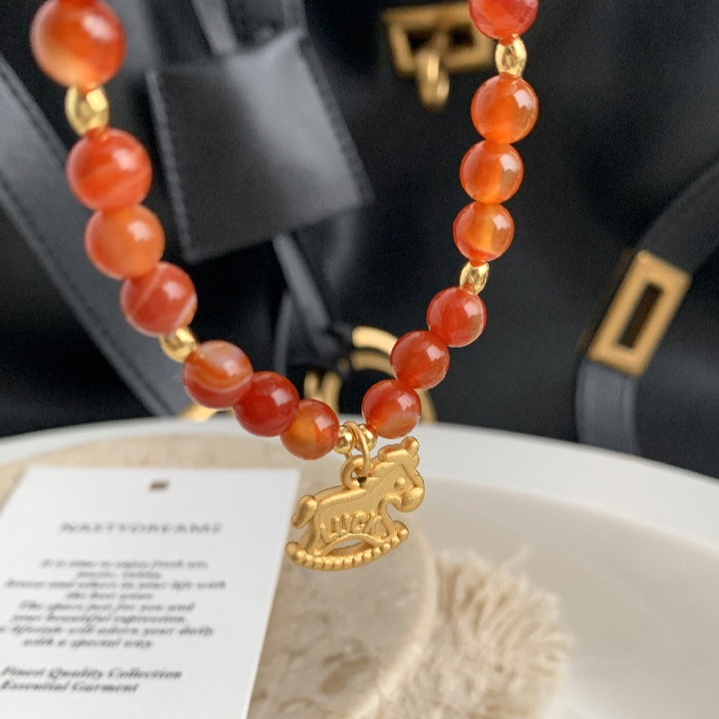 C廠-luck小木馬S925純銀小馬紅瑪瑙米珠手鍊S925純銀手鍊女士2026馬年「1652」25.12-3