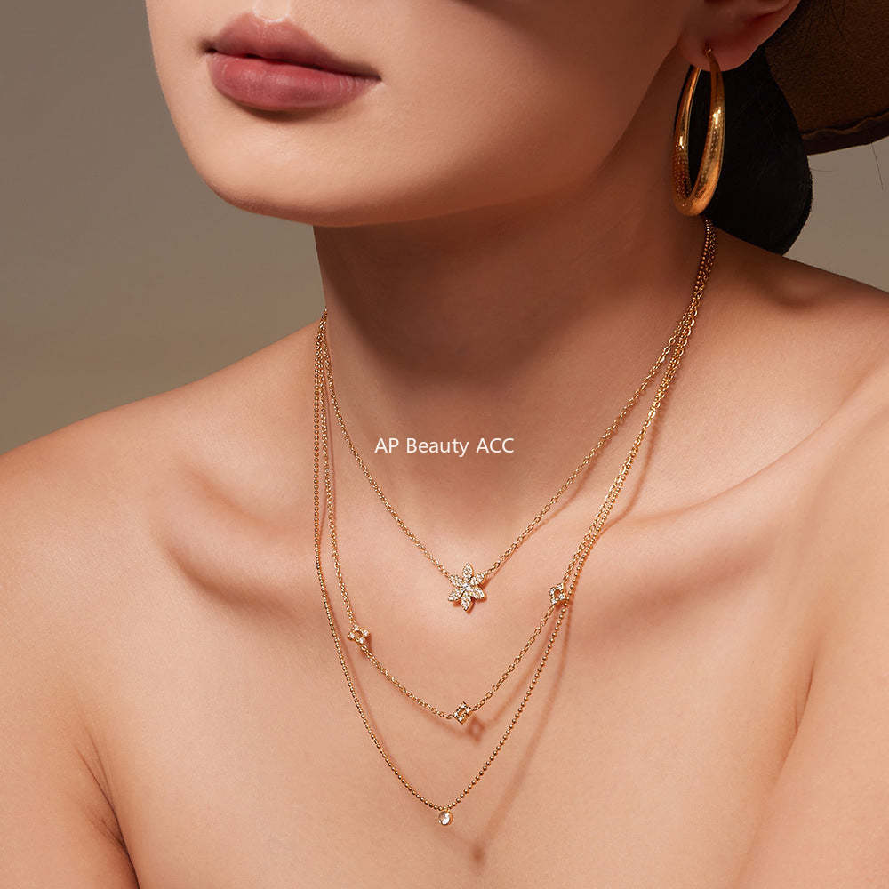 B廠-簡約時尚花朵滿鑽鋯石吊墜雙層疊戴項鍊不鏽鋼手鍊戒指套裝「TXP492」25.11-4