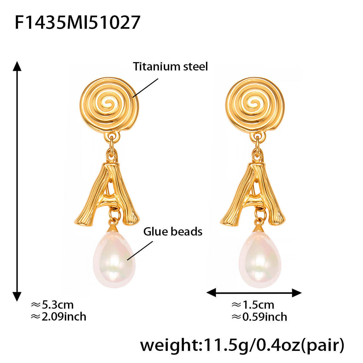 B廠-不鏽鋼螺紋A字母仿珍珠流蘇吊墜耳環鍍18k真金珠寶首飾批發「F1435」25.10-5