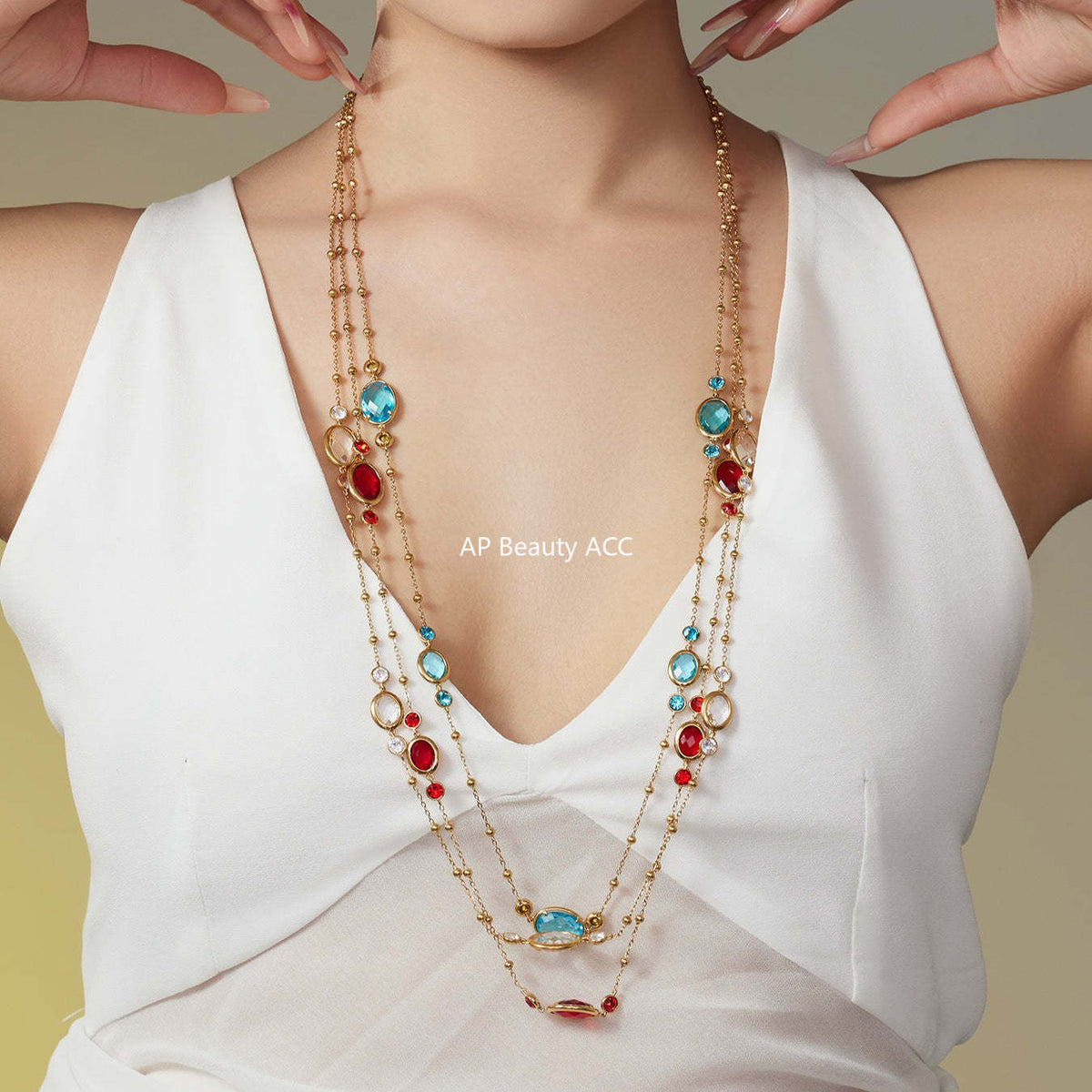 B廠-不鏽鋼十字夾珠鏈橢圓包邊切面玻璃石項鍊耳環首飾套裝鍍18k真金「TXP506」25.12-1