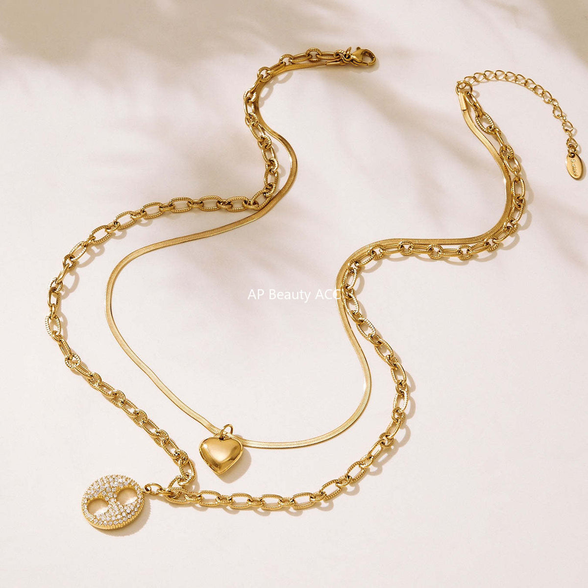 B廠-不鏽鋼雙層疊戴愛心豬鼻子鋯石項鍊 鍍18k金歐美百搭項飾「P100」25.11-3