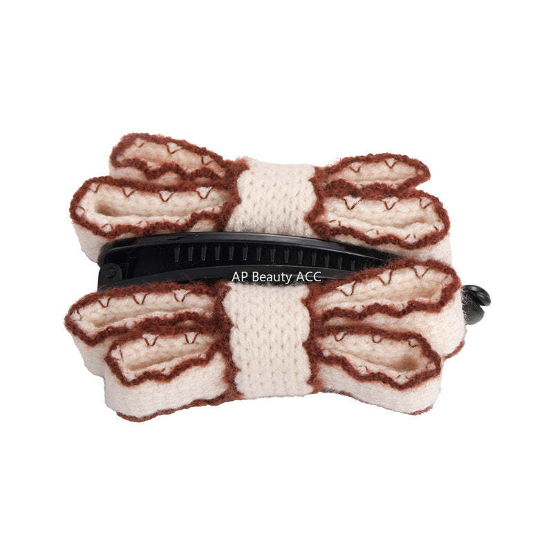 E廠-韓國復古針織毛線雙層蝴蝶結髮夾香蕉夾2025新款秋冬款盤髮馬尾夾「27758」25.12-1