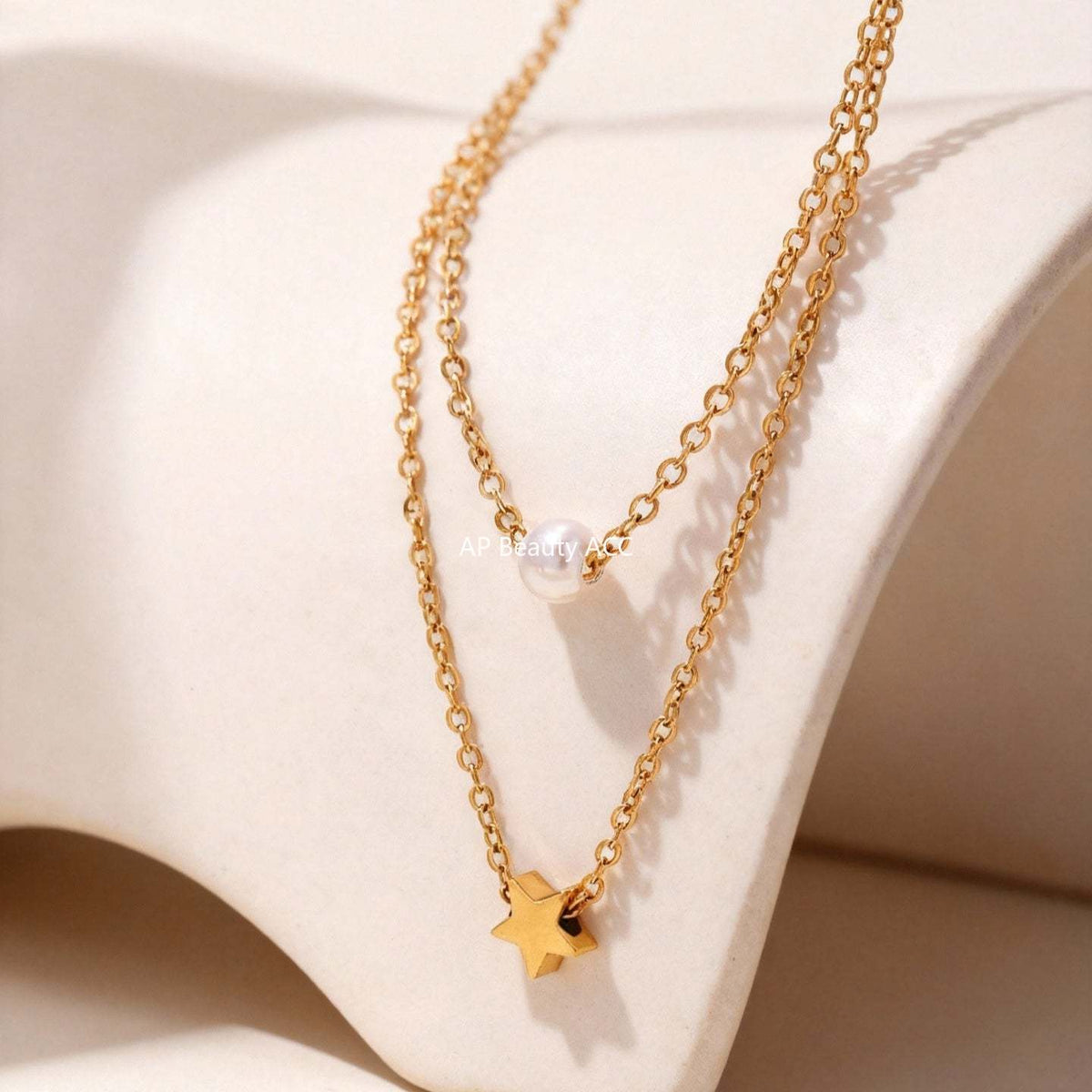 B廠-不鏽鋼星星貝珠設計感雙層項鍊 歐美通勤疊戴鍍18K金百搭個性首飾「P001」25.12-1