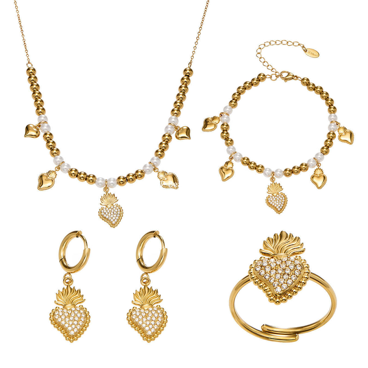 B廠-5A鋯石愛心皇冠吊墜項鍊耳環手鍊戒指套裝不鏽鋼鍍18k真金「TXP490」25.11-4