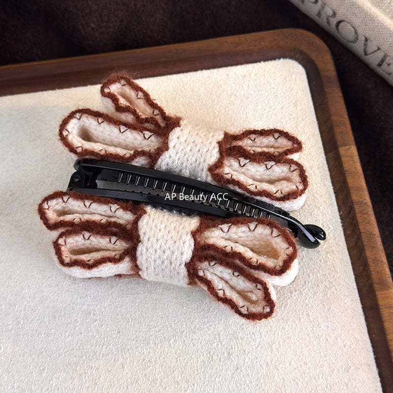 E廠-韓國復古針織毛線雙層蝴蝶結髮夾香蕉夾2025新款秋冬款盤髮馬尾夾「27758」25.12-1