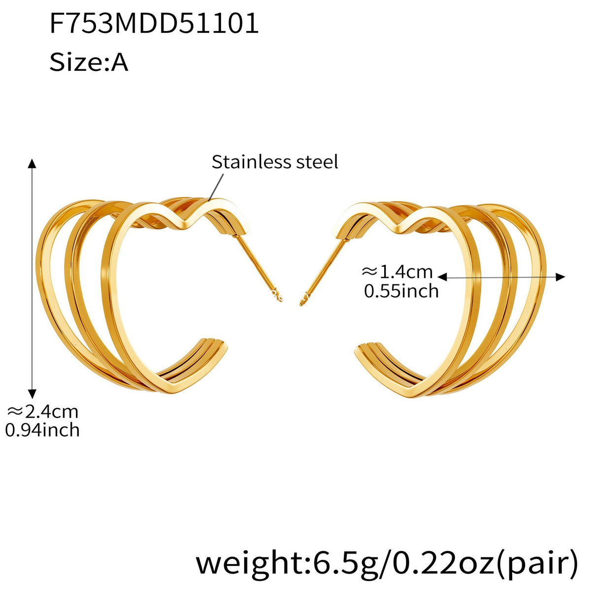 B廠-ins風小眾設計三層愛心形耳環不鏽鋼18k鍍金耳釘不掉色耳飾「F753」25.11-1