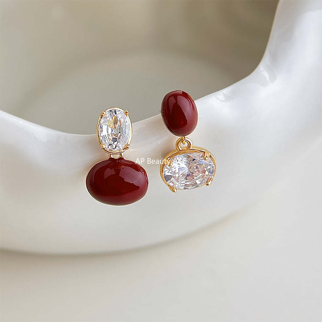 A廠-文藝復古安可拉紅酒紅鋯石幾何s925銀針一款多戴耳飾耳環「7227」25.12-2