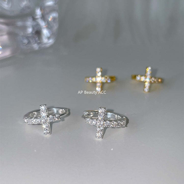 C廠-法式時尚鋯石耳環女輕奢百搭小眾設計十字架銀針耳扣秋冬氣質耳飾「EH-4259」25.11-3