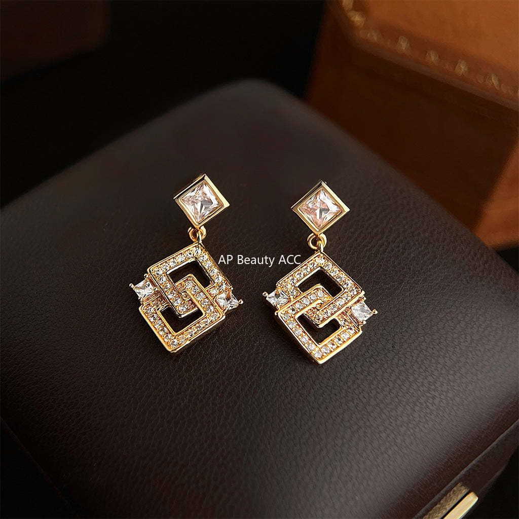 A廠-原創高級感時尚幾何微鑲鋯石方形輕奢風925銀針鍍14K耳飾工廠耳環「7197」25.12-1